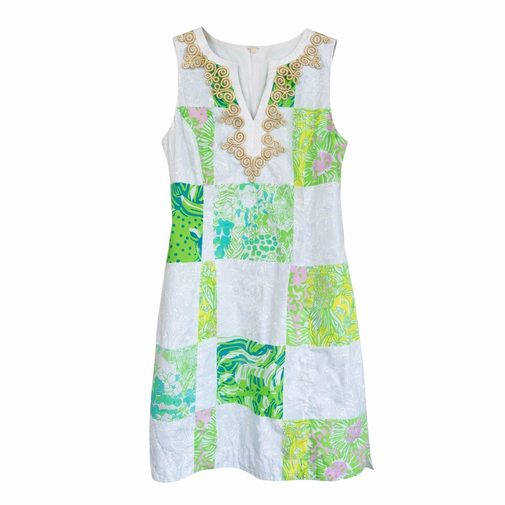 Lilly Pulitzer Janice Shift Dress Lioness Patchwork Gold‎ Trim Size 2